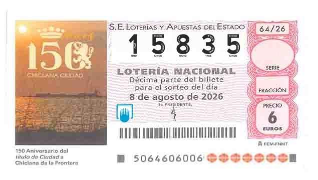 Décimo 15835 del sorteo 64-08/08/2026 Sábado