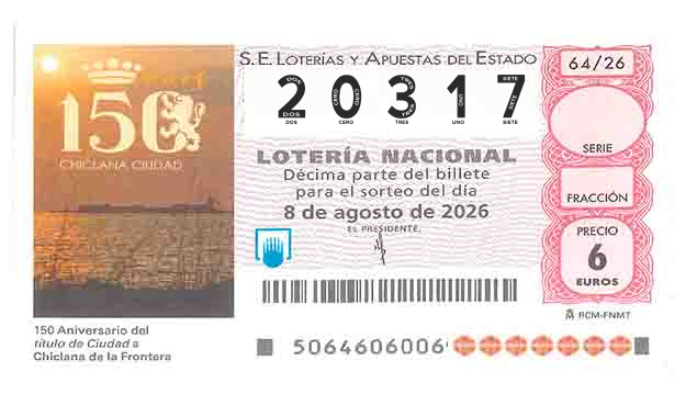 Décimo 20317 del sorteo 64-08/08/2026 Sábado
