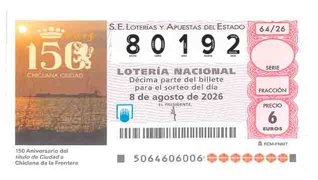 Décimo 80192 del sorteo 64-08/08/2026 Sábado