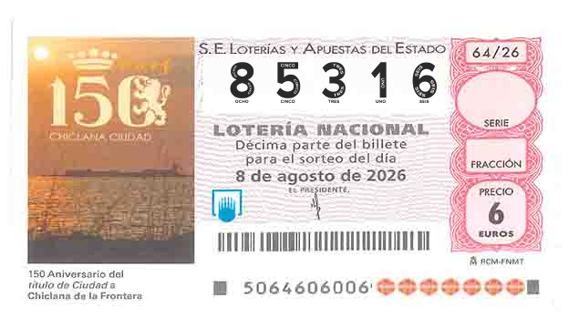 Décimo 85316 del sorteo 64-08/08/2026 Sábado
