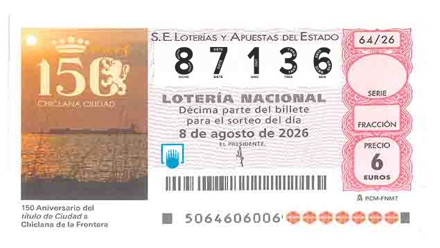 Décimo 87136 del sorteo 64-08/08/2026 Sábado