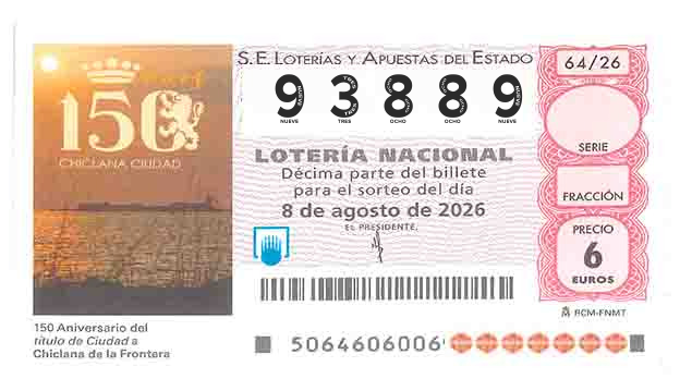 Décimo 93889 del sorteo 64-08/08/2026 Sábado