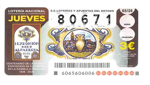 Décimo 80671 del sorteo 65-13/08/2026 Jueves