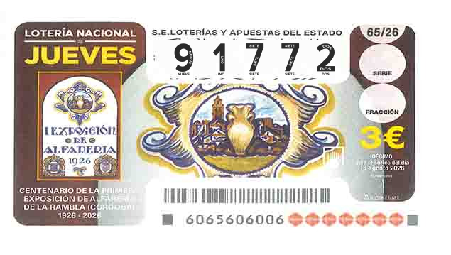 Décimo 91772 del sorteo 65-13/08/2026 Jueves