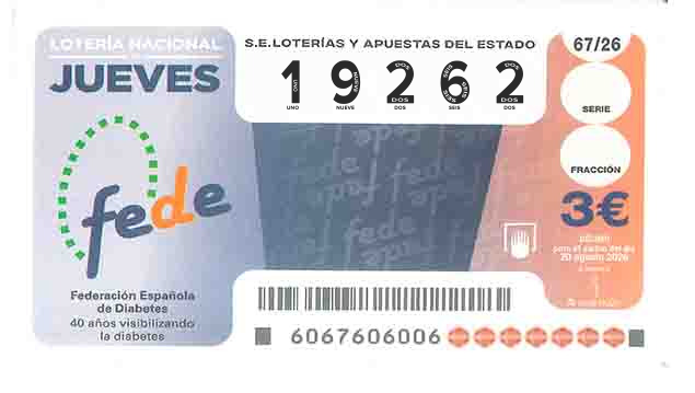 Décimo 19262 del sorteo 67-20/08/2026 Jueves