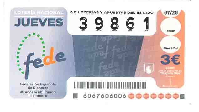 Décimo 39861 del sorteo 67-20/08/2026 Jueves