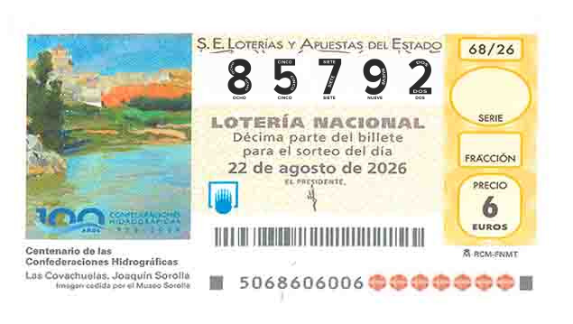 Décimo 85792 del sorteo 68-22/08/2026 Sábado