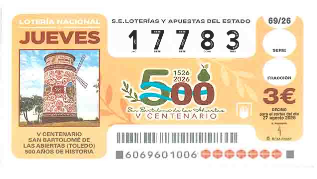 Décimo 17783 del sorteo 69-27/08/2026 Jueves