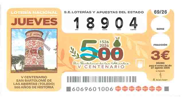 Décimo 18904 del sorteo 69-27/08/2026 Jueves