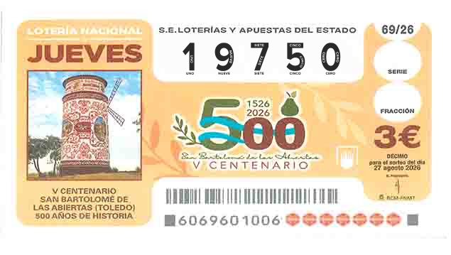 Décimo 19750 del sorteo 69-27/08/2026 Jueves
