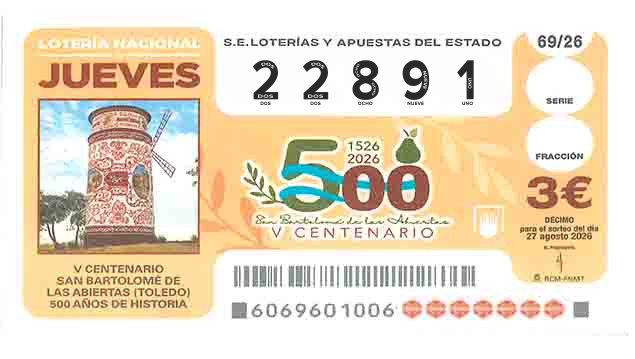Décimo 22891 del sorteo 69-27/08/2026 Jueves