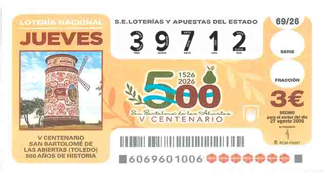 Décimo 39712 del sorteo 69-27/08/2026 Jueves