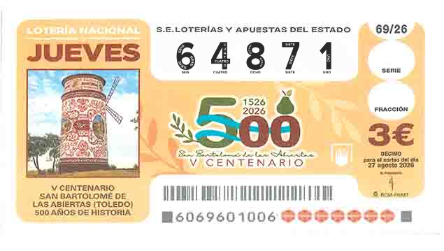 Décimo 64871 del sorteo 69-27/08/2026 Jueves