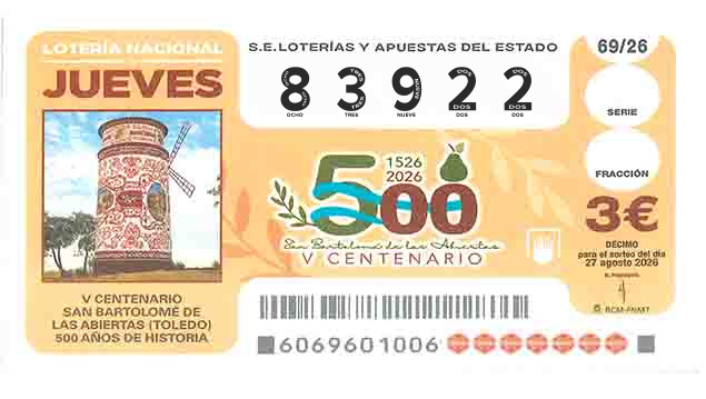 Décimo 83922 del sorteo 69-27/08/2026 Jueves