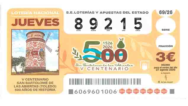 Décimo 89215 del sorteo 69-27/08/2026 Jueves
