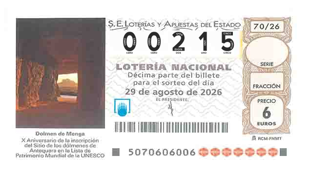 Décimo 00215 del sorteo 70-29/08/2026 Sábado