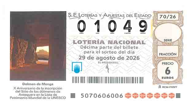 Décimo 01049 del sorteo 70-29/08/2026 Sábado