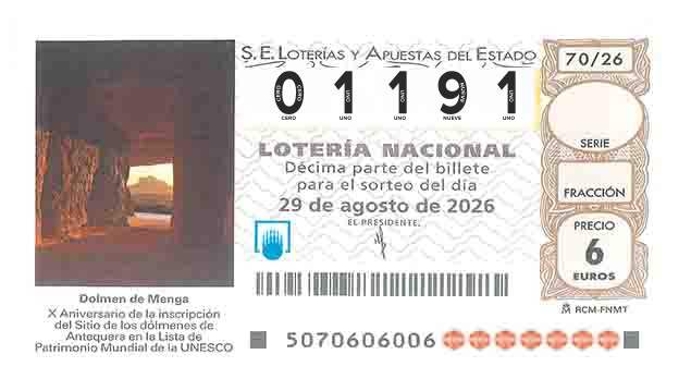 Décimo 01191 del sorteo 70-29/08/2026 Sábado