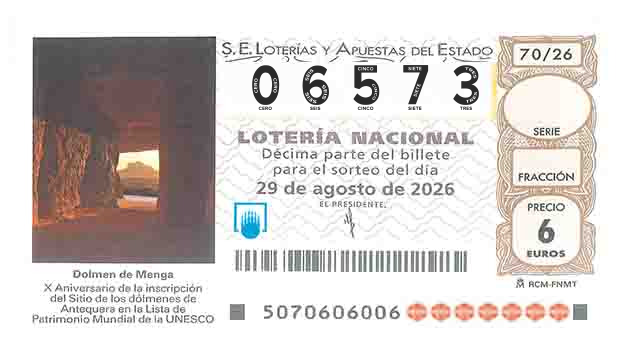 Décimo 06573 del sorteo 70-29/08/2026 Sábado