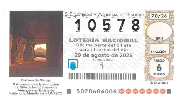 Décimo 10578 del sorteo 70-29/08/2026 Sábado