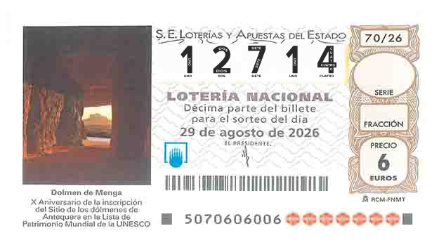 Décimo 12714 del sorteo 70-29/08/2026 Sábado
