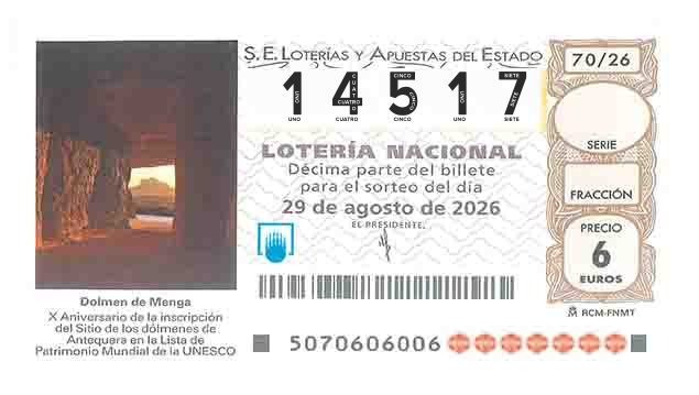 Décimo 14517 del sorteo 70-29/08/2026 Sábado