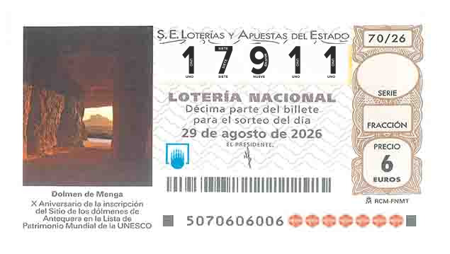 Décimo 17911 del sorteo 70-29/08/2026 Sábado