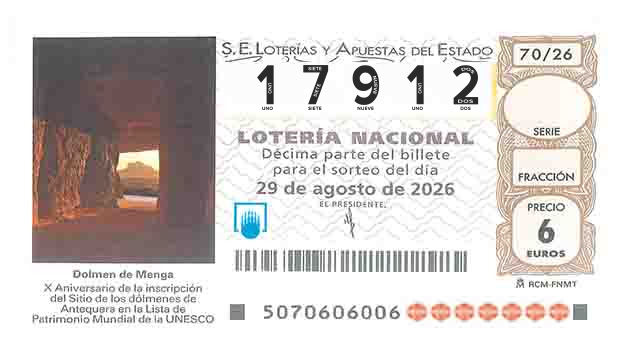 Décimo 17912 del sorteo 70-29/08/2026 Sábado