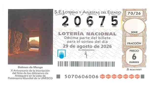 Décimo 20675 del sorteo 70-29/08/2026 Sábado