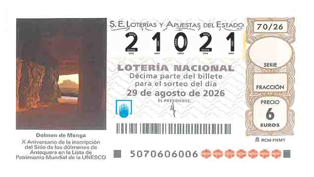 Décimo 21021 del sorteo 70-29/08/2026 Sábado