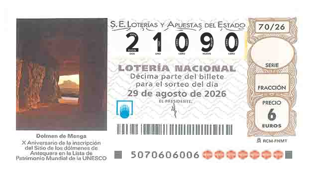 Décimo 21090 del sorteo 70-29/08/2026 Sábado