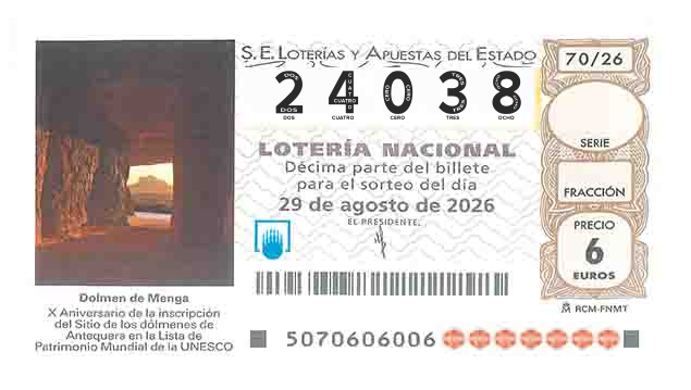 Décimo 24038 del sorteo 70-29/08/2026 Sábado