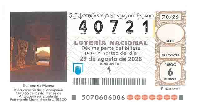 Décimo 40721 del sorteo 70-29/08/2026 Sábado