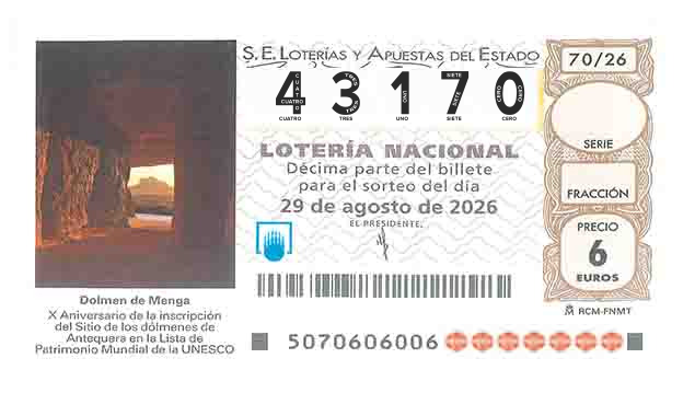 Décimo 43170 del sorteo 70-29/08/2026 Sábado