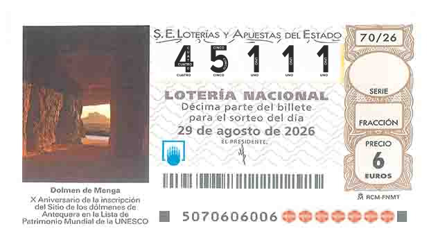 Décimo 45111 del sorteo 70-29/08/2026 Sábado