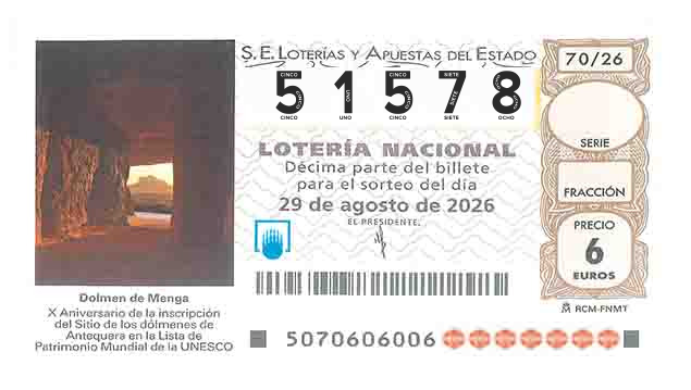 Décimo 51578 del sorteo 70-29/08/2026 Sábado