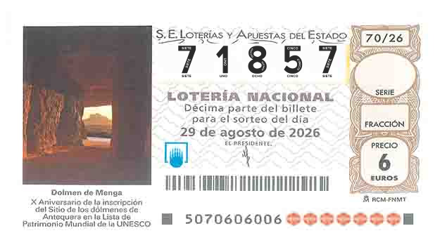 Décimo 71857 del sorteo 70-29/08/2026 Sábado
