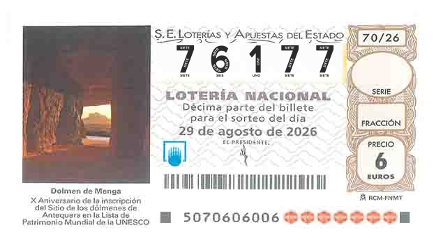 Décimo 76177 del sorteo 70-29/08/2026 Sábado