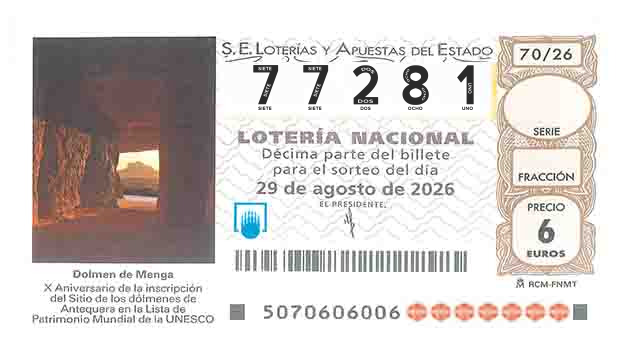 Décimo 77281 del sorteo 70-29/08/2026 Sábado