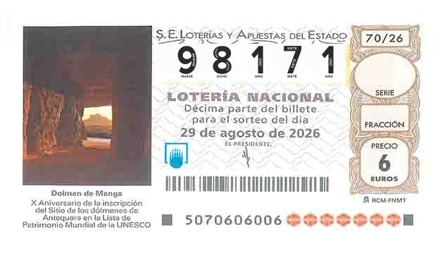 Décimo 98171 del sorteo 70-29/08/2026 Sábado