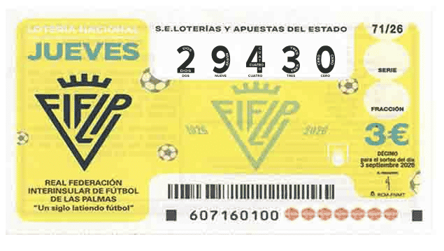 Décimo 29430 del sorteo 71-03/09/2026 Jueves