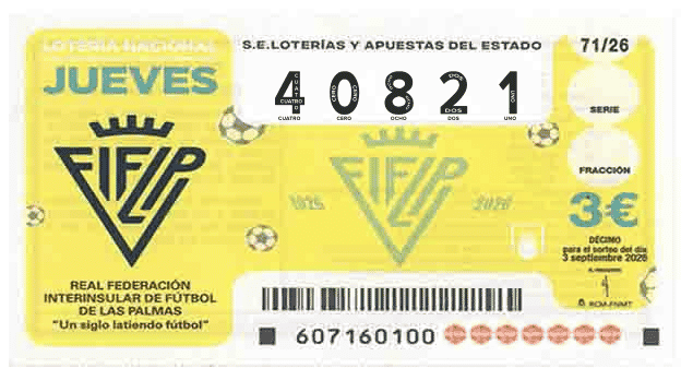 Décimo 40821 del sorteo 71-03/09/2026 Jueves