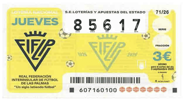 Décimo 85617 del sorteo 71-03/09/2026 Jueves