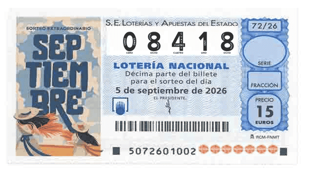 Décimo 08418 del sorteo 72-05/09/2026 Sábado