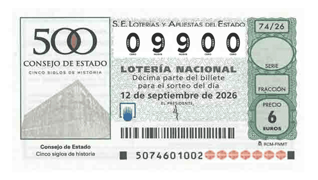 Décimo 09900 del sorteo 74-12/09/2026 Sábado