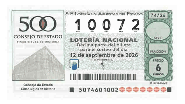 Décimo 10072 del sorteo 74-12/09/2026 Sábado