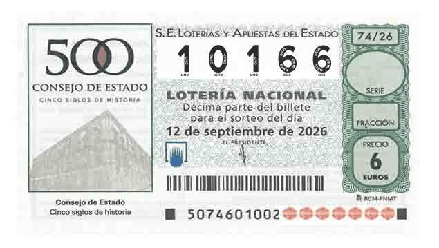 Décimo 10166 del sorteo 74-12/09/2026 Sábado