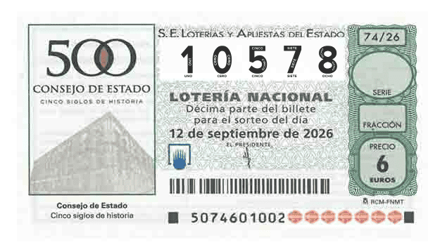 Décimo 10578 del sorteo 74-12/09/2026 Sábado