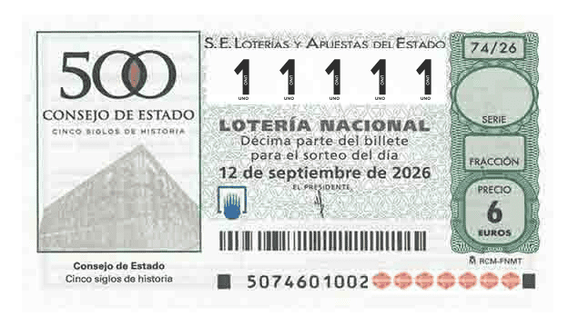 Décimo 11111 del sorteo 74-12/09/2026 Sábado