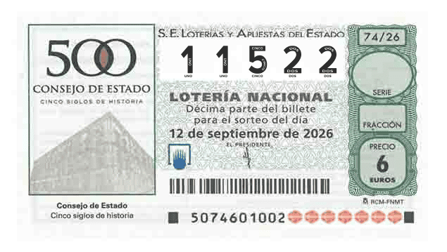 Décimo 11522 del sorteo 74-12/09/2026 Sábado